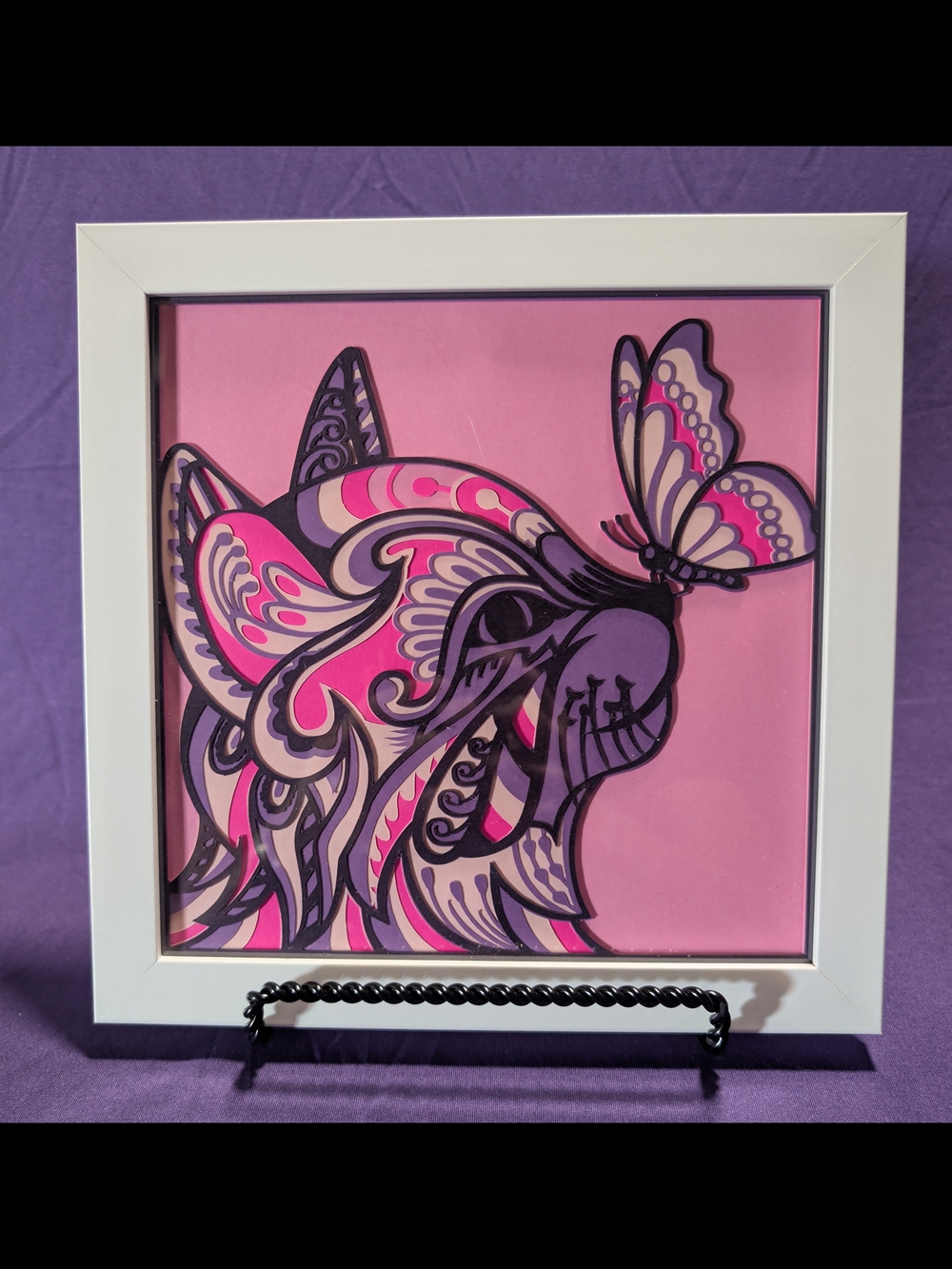 Framed Pink & Purple Cat Art with Butterfly